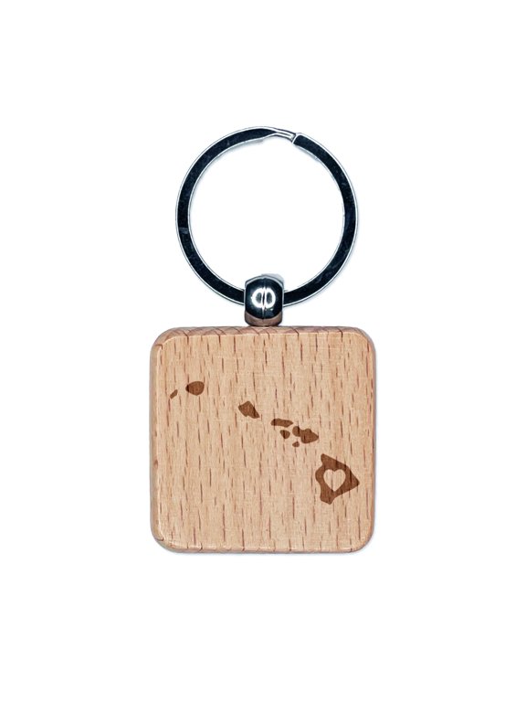 Hawaii State with Heart Square Keychain Charm Tag - Engraved Wood