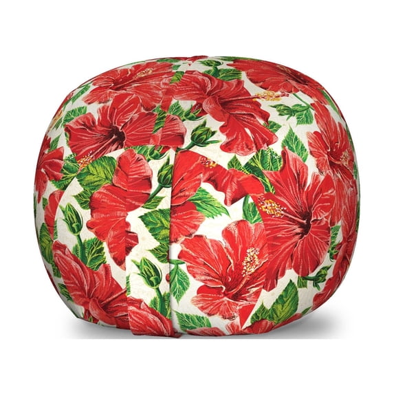 Hawaii Storage Toy Bag Chair, Botanic Inspirations Floral Bouquet Hand Drawn Red Hibiscuses Retro Theme, Stuffed Animal Organizer Washable Bag, Large Size, Beige Fern Green Red, by Ambesonne