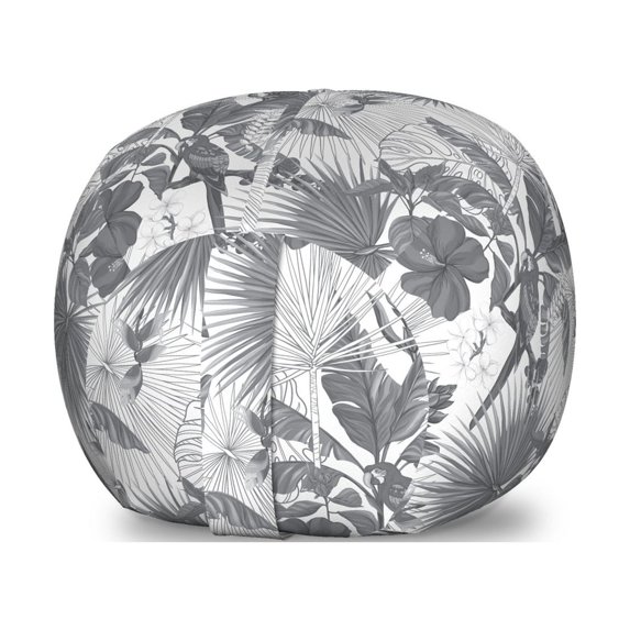 Hawaii Storage Toy Bag Chair, Greyscale Exotic Jungle Floral Pattern with Tropical Tree Leaves and Hibiscus Pansy, Stuffed Animal Organizer Washable Bag, Large Size, Grey White, by Ambesonne