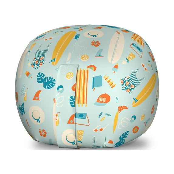 Hawaii Storage Toy Bag Chair, Repetitive Summer Items with Pattern Surfboard Ice Cream Bikini Ananas, Stuffed Animal Organizer Washable Bag, Small Size, Pale Blue and Multicolor, by Ambesonne