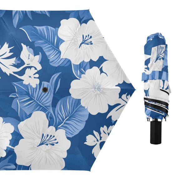 Hawaii Style Blue Leaves White Florals All Weather Umbrella Triple Folding Parasol 6 Ribs UV Protection Portable