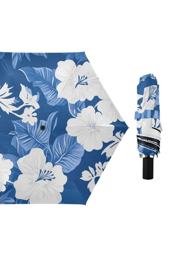 Hawaii Style Blue Leaves White Florals All Weather Umbrella Triple Folding Parasol 6 Ribs UV Protection Portable