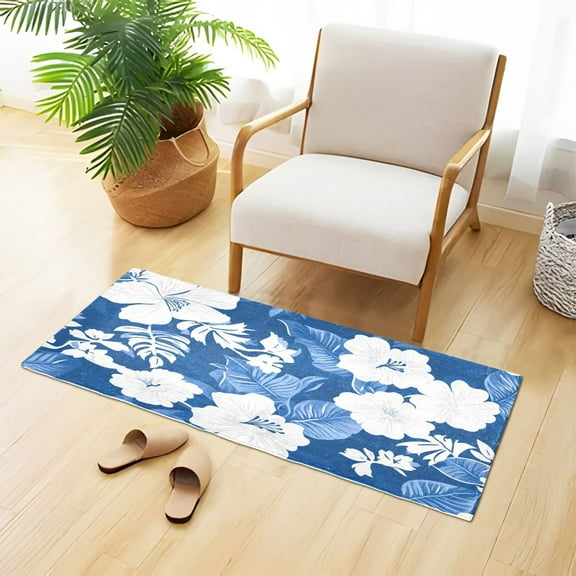 Hawaii Style Blue Leaves White Florals Plush Carpet Non Slip Runner Rug Absorbent Bath Mat 39" x 20"