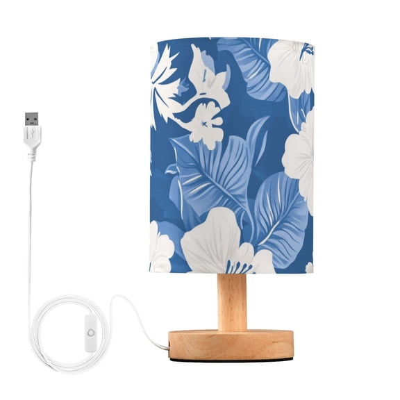 Hawaii Style Blue Leaves White Florals Table Lamp with USB Port LED Warm Light Lamp Night Light Home Decor
