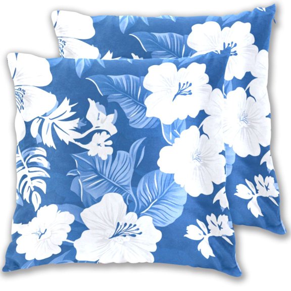 Hawaii Style Blue Leaves White Florals Throw Pillow Covers Pillowcases 16 x 16 Inch Home Decor 2 Packs for Bedroom Sofa