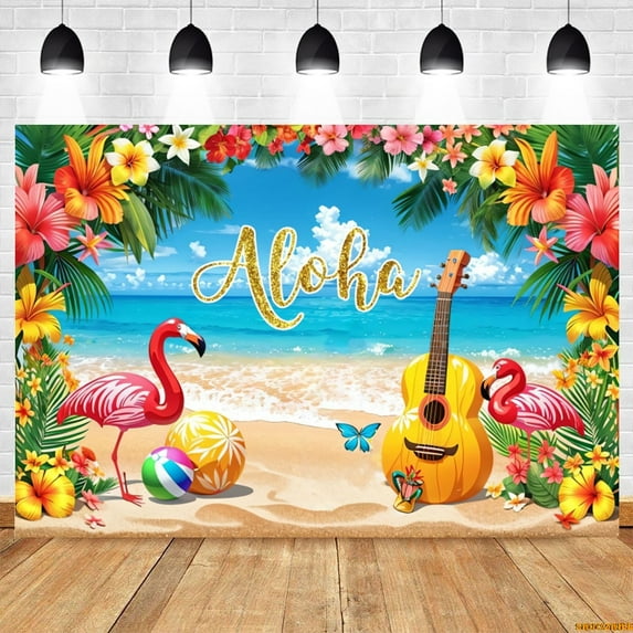 Hawaii Summer Seaside Beach Backdrop Tropical Flower Palm Tree Flamingo Surfboard Aloha Birthday Party Photography Background