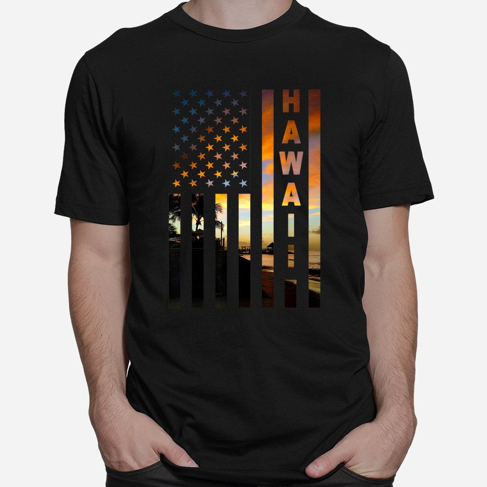 Hawaii Sunset American Flag Honolulu Hawaiian Island Shirt