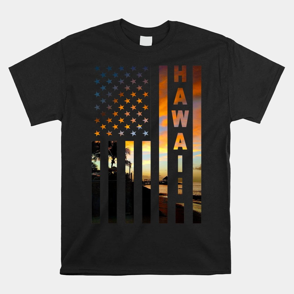 Hawaii Sunset American Flag Honolulu Hawaiian Island Shirt
