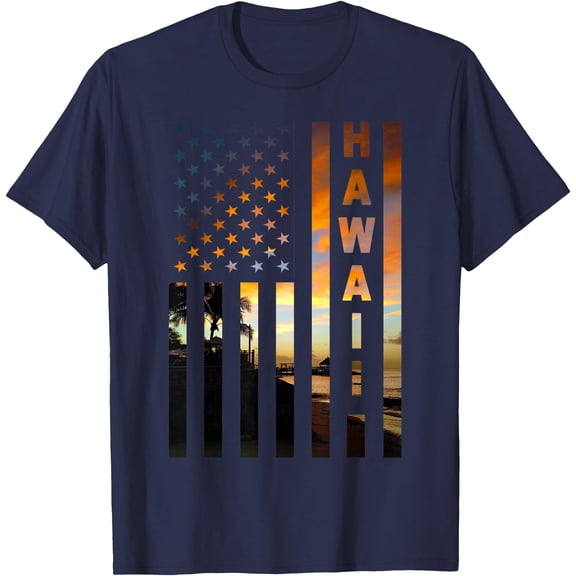 Hawaii Sunset American Flag Honolulu Hawaiian Island Unisex T-Shirt for Men Women Kids Toddler,Navy Color,Size YL