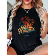 Hawaii Sunset Beach Vibes with Palms Sunset Palm Vibes T-Shirt Graphic Tee summer Tops For Women Round Neck Fashion Cotton shirts