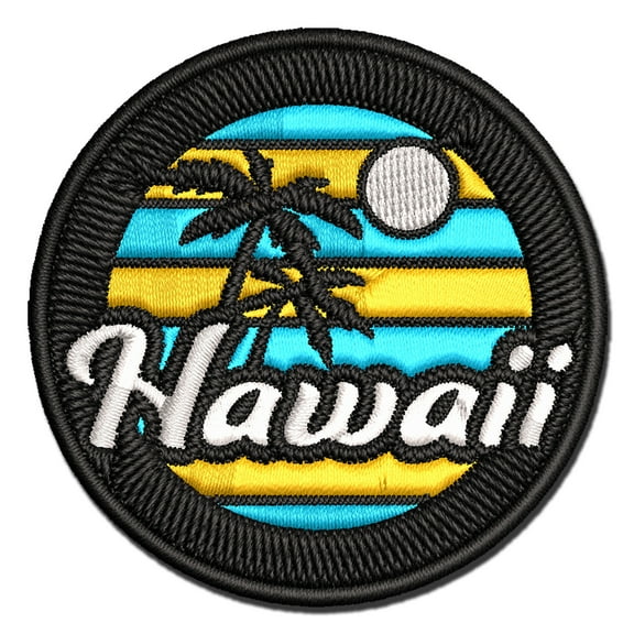 Hawaii Sunset Text with Palm Trees Applique Multi-Color Embroidered Hook & Loop Patch - 3 Inch Medium
