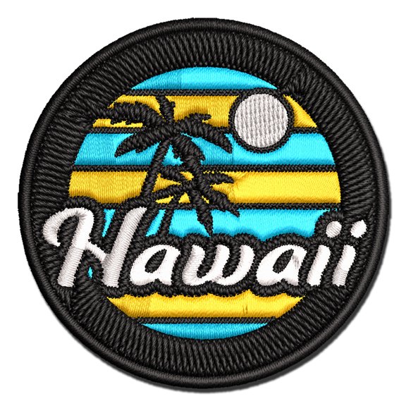Hawaii Sunset Text with Palm Trees Applique Multi-Color Embroidered Iron-On Patch - 2.0 Inch Mini