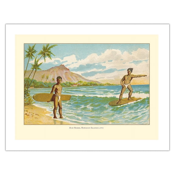Hawaii Surf Riders - Vintage Hawaiian Color Postcard c.1913 - Bamboo Fine Art 290gsm Paper (Unframed) 17x22in