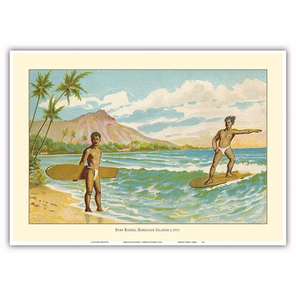 Hawaii Surf Riders - Vintage Hawaiian Color Postcard c.1913 - Master Art Print 10in x 14in