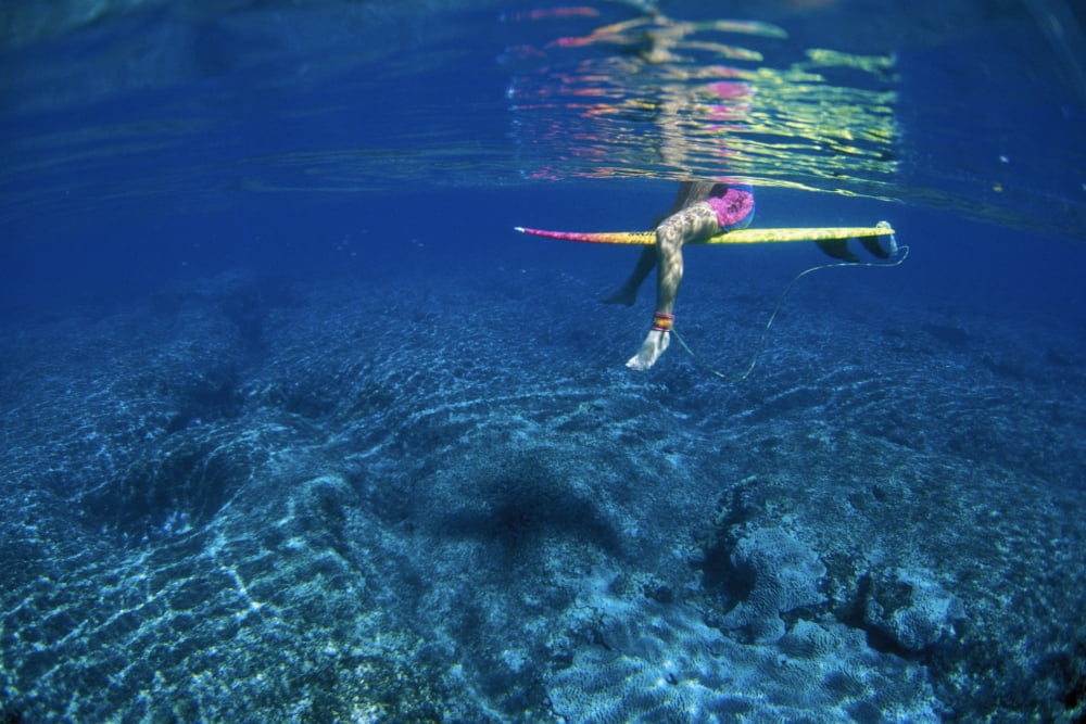 Hawaii Surfer Below Surface PinkYellow Board Clear Water Reflection Canvas Art - Liysa Swart Design Pics (34 x 22)