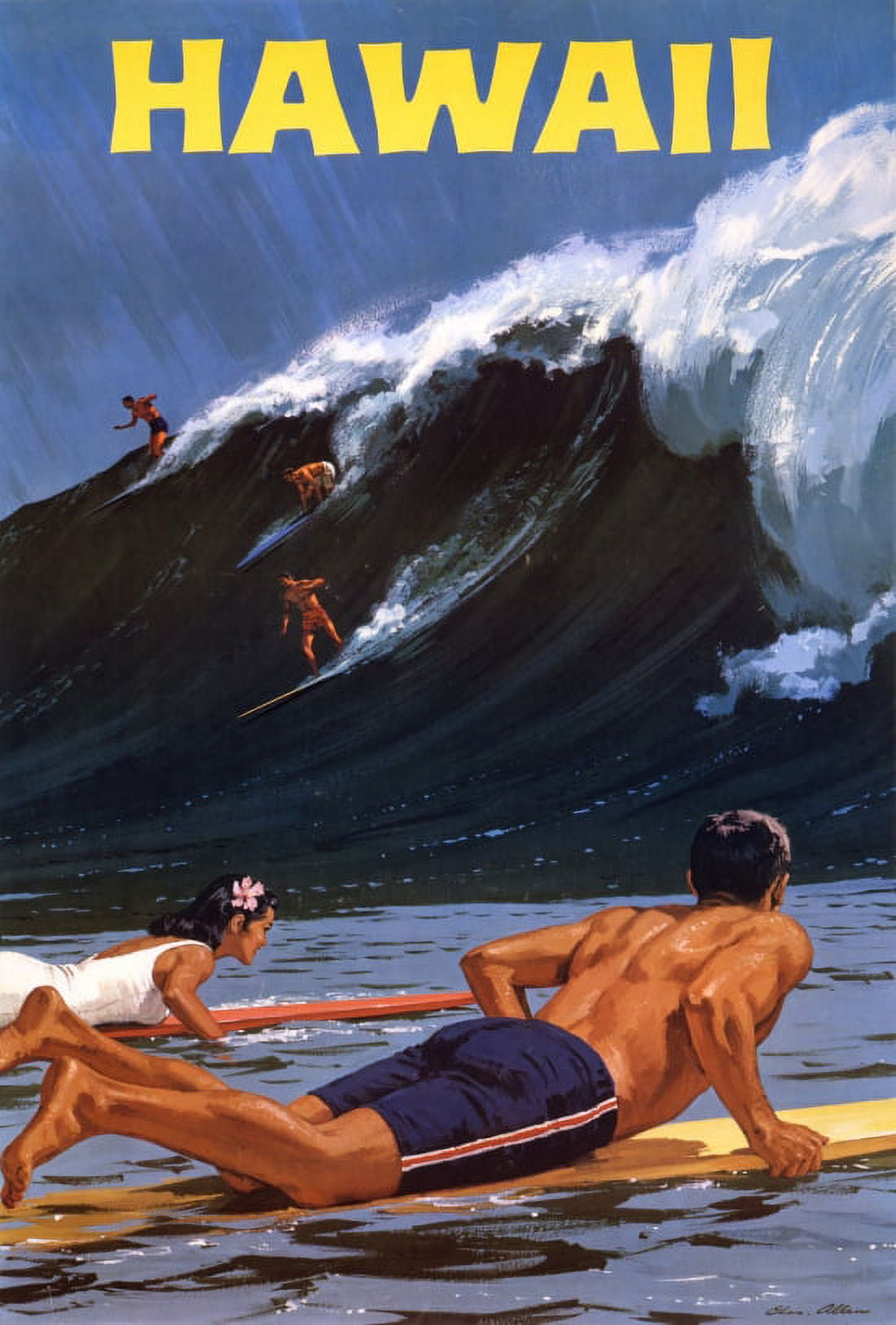 Hawaii Surfing The Big Wave Vintage Travel Canvas Art - (36 x 54)