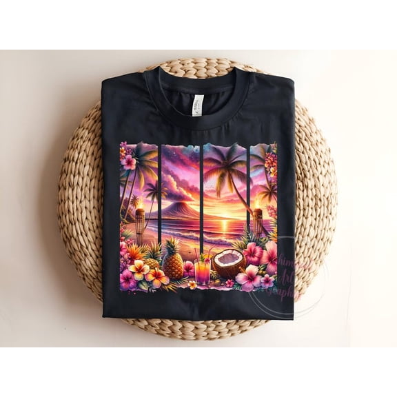 Hawaii T-shirt, Summer Shirt, Beach Shirt, Palm Trees Shirt, Hibiscus Flowers Shirt, Beach Sunset Shirt, Beach Scene TH060604