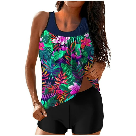 Hawaii Tankini Swimsuits for Women Tummy Control Modest 2 Piece Bathing Suits Fashion Graphic Loose Swimwear with Boy Shorts
