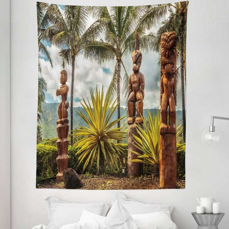 Hawaii Tapestry Tiki Sculptures and Palm Trees Tropical Island Ocean Ethnic Botanical Print Fabric Wall Hanging Decor for Bedroom Living Room Dorm 5 Sizes Brown Green by Ambesonne Walmart