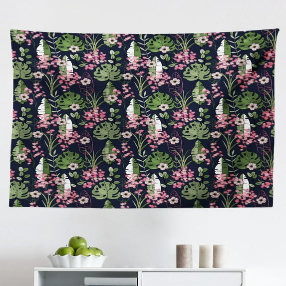 Hawaii Tapestry, Vintage Blossom Floral Illustration with Fresh Spring Flowers, Fabric Wall Hanging Decor for Bedroom Living Room Dorm, 2 Sizes, Marigold Army Green, by Ambesonne