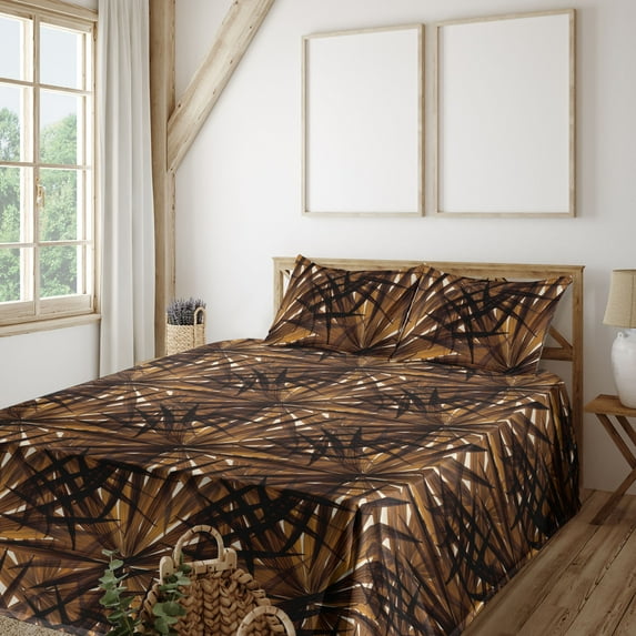 Ambesonne Hawaii Themed Fitted & Flat Sheet with Shams 4 Pcs Set, Tropical Neutral Leaf, King, Pale Vermilion Seal Brown