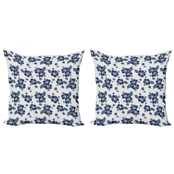 Ambesonne Hawaii Throw Pillow Cover 2 Pack, Monochrome Flower Art, 20", Navy Blue White
