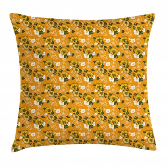 Hawaii Throw Pillow Cushion Cover, Vintage Blossom Floral Illustration with Fresh Spring Flowers, Decorative Square Accent Pillow Case, 24" X 24", Marigold Army Green and Mustard, by Ambesonne