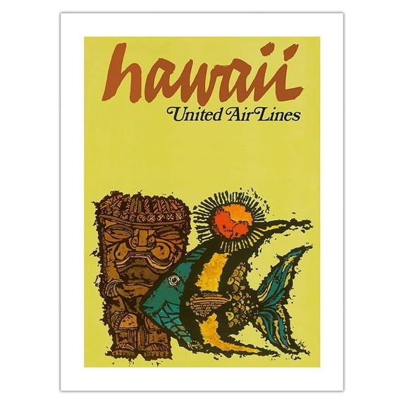 Hawaii - Tiki and Moorish Idol (Kihi Kihi) Fish - United Air Lines - Vintage Hawaiian Travel Poster by Jebavy c.1967 - Fine Art Matte Paper Print (Unframed) 18x24in