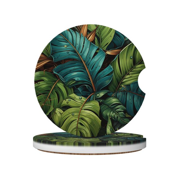 Hawaii Tiki Palm Leaf Cool Absorbent Ceramic Car Coasters, 2-Piece Set with Non-Slip Cork Base for Auto Cup Holders