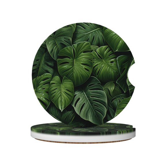 Hawaii Tiki Palm Leaf Green Absorbent Ceramic Car Coasters, 2-Piece Set with Non-Slip Cork Base for Auto Cup Holders