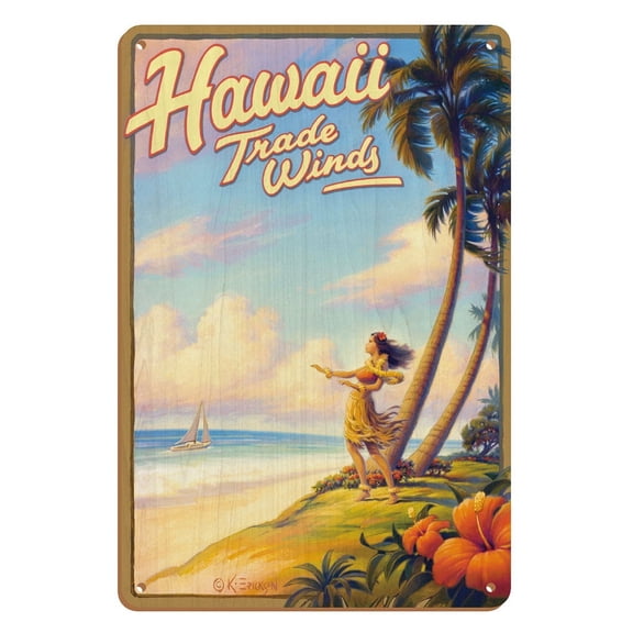 Hawaii Trade Winds - Hula Dancer - Vintage Hawaiian Travel Poster by Kerne Erickson - 8 x 12 inch Vintage Wood Art Sign