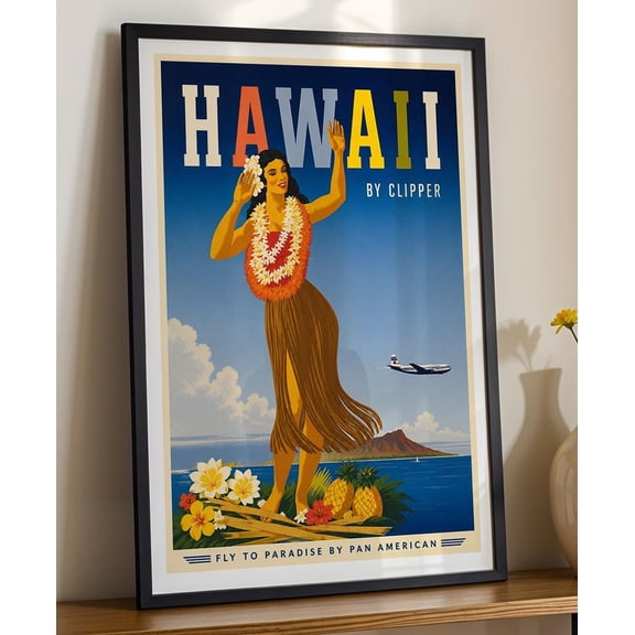 Hawaii Travel Vintage Hawaiian Tropical Island Decor Retro Pan Am Style Waikiki Beach Decorative Wall Art Poster , Poster Print Only