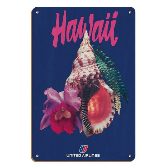 Hawaii - Triton's Trumpet Shell (Pü Puhi) - United Airlines - Vintage Airline Travel Poster - 8 x 12 inch Vintage Wood Art Sign