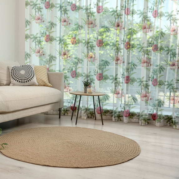 Hawaii Tulle Curtains with Rod Pocket, Aquarelle Effect Palm Trees Hibiscus Flowers Romantic Summer Bloom, Sheer Drape for Wedding Party 2 Panels, 7 Sizes, Reseda Green Pale Pink, by Ambesonne