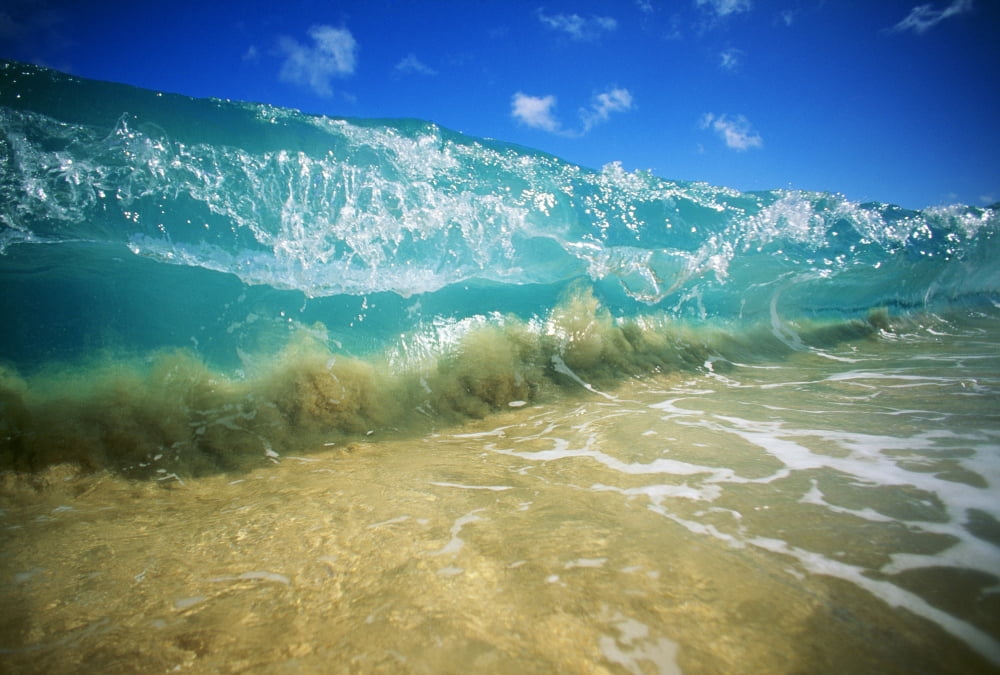 Hawaii Turquoise Breaking Wave Sand Visible Through Clear Water Blue Sky Close-Up Canvas Art - Vince Cavataio Design Pics (38 x 24)