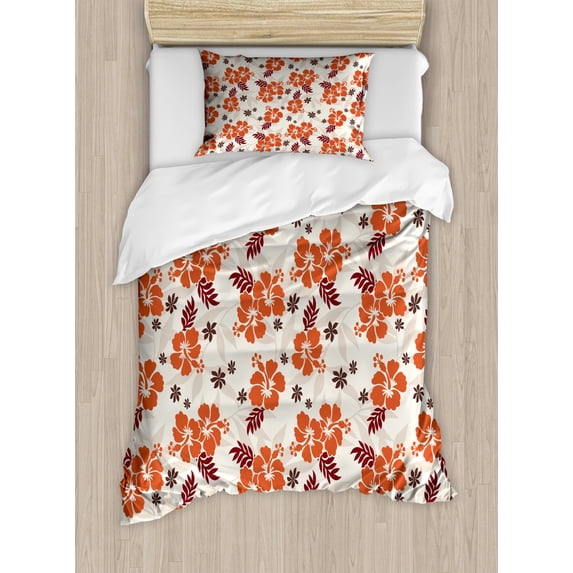Hawaii Twin Size Duvet Cover Set, Abstract Aloha State Floral Pattern Hibiscus Spring Holiday Theme Design, Decorative 2 Piece Bedding Set with 1 Pillow Sham, Orange Ruby Dark Taupe, by Ambesonne