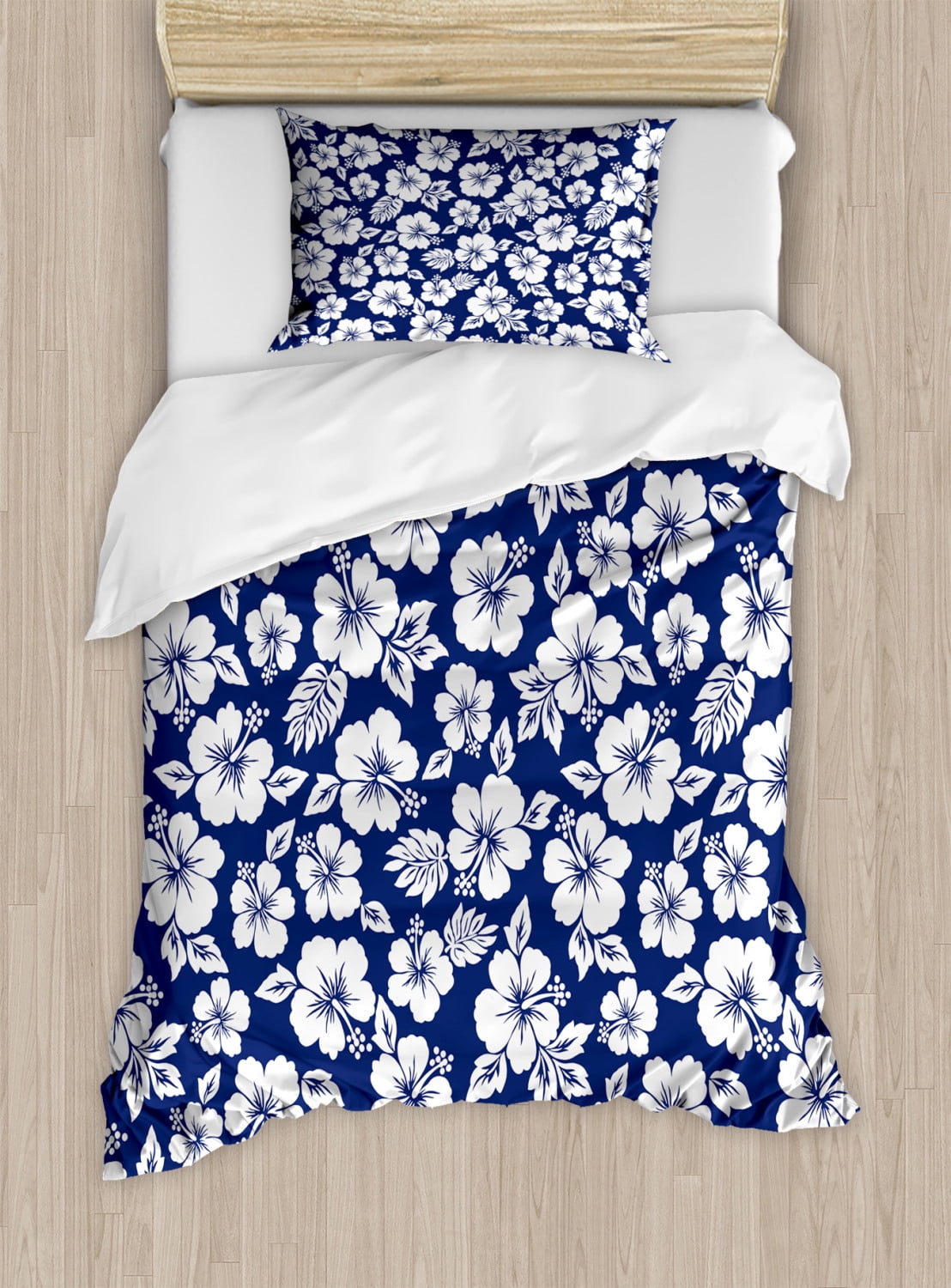 Navy Blue and White Floral Twin Duvet Cover Set