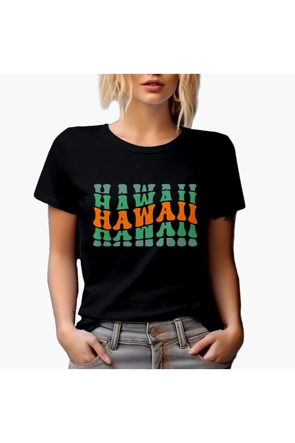 Hawaii, US State Themed, Groovy Retro Wavy Text Merch Gift, Black T-Shirt, Medium