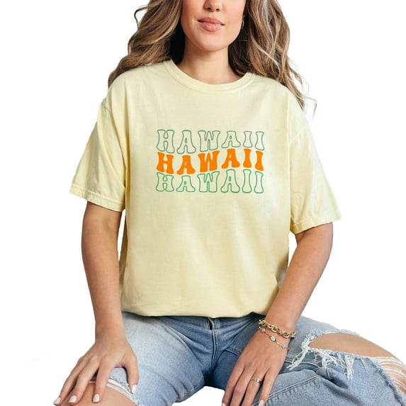 Hawaii, US or USA State, Groovy Retro Wavy Text, Butter Comfort Colors T-Shirt, Large
