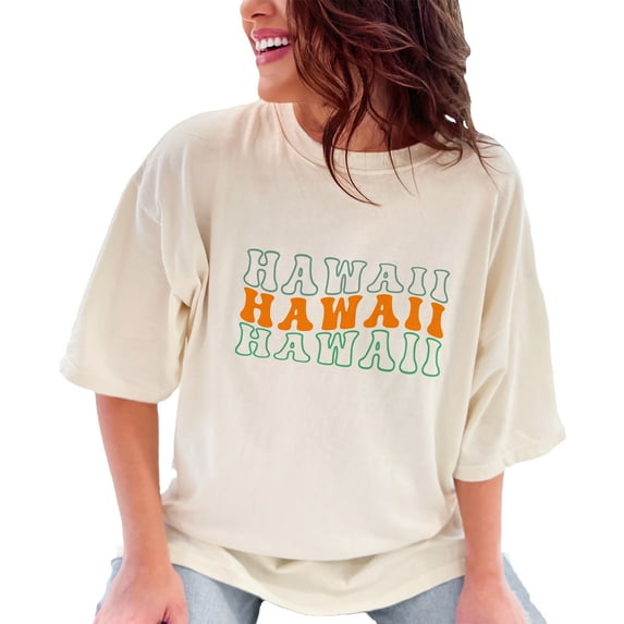 Hawaii, US or USA State, Groovy Retro Wavy Text, Ivory Comfort Colors T-Shirt, 2XL
