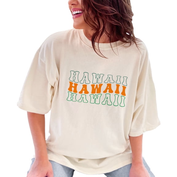 Hawaii, US or USA State, Groovy Retro Wavy Text, Ivory Comfort Colors T-Shirt, Small