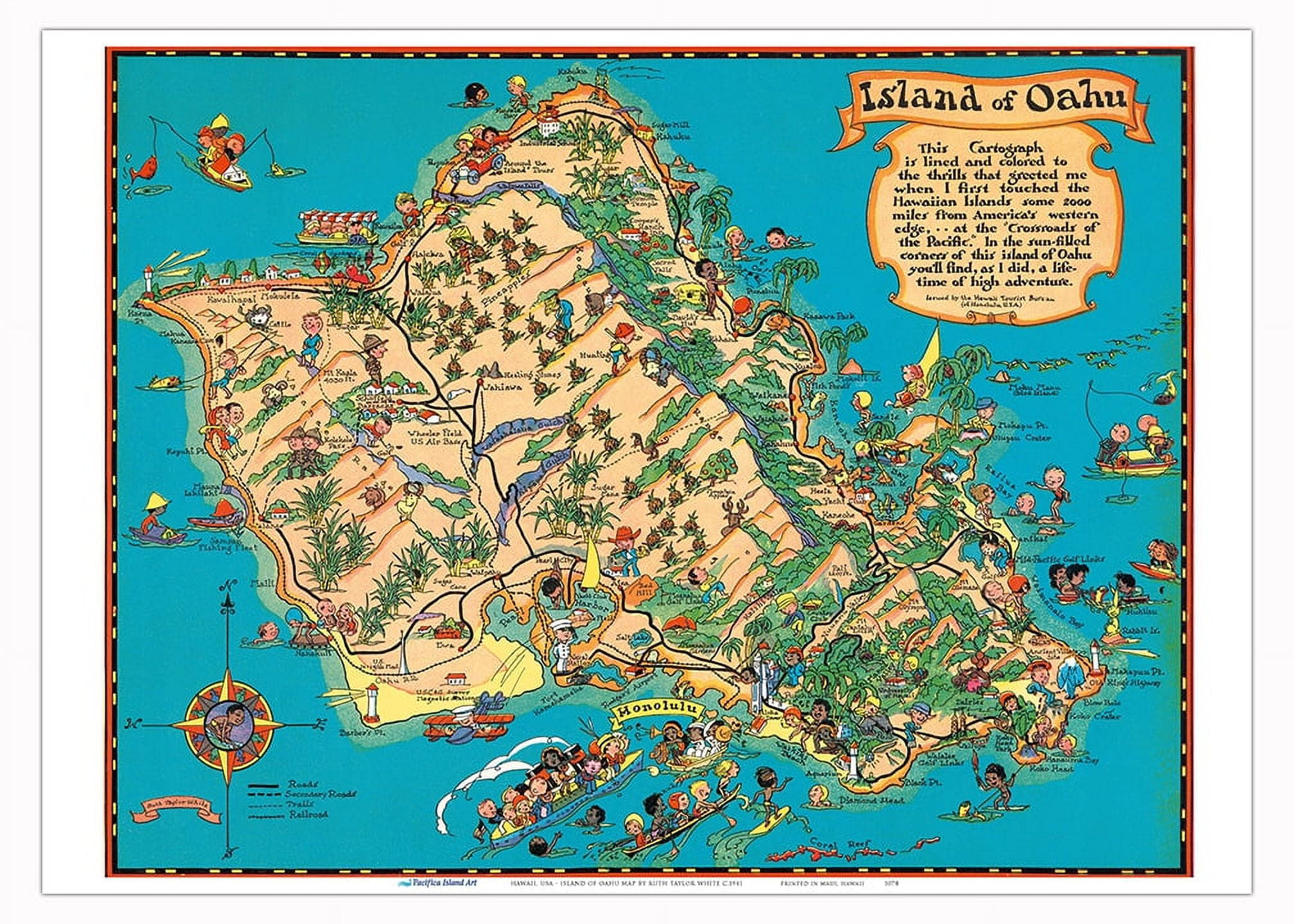 本物の Oahu of Island - USA Hawaii Map Colored Hawaiian Vintage - コレクション