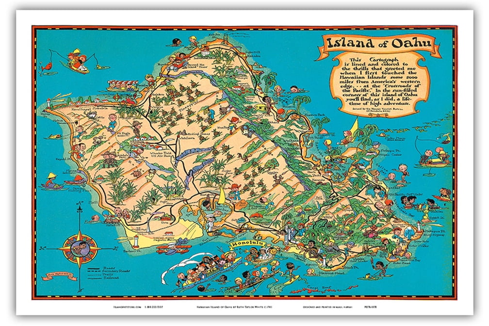 最愛 Hawaii USA Colored Hawaiian Vintage - Map Oahu of Island - コレクション