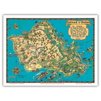 Hawaii USA - Island of Oahu Map - Vintage Hawaiian Colored Cartographic Map by Ruth Taylor White c.1941 - Master Art Print (Unframed) 9in x 12in