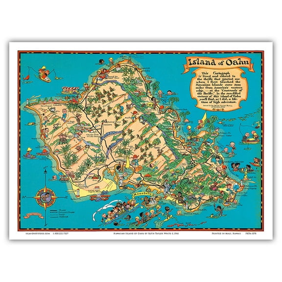 Hawaii USA - Island of Oahu Map - Vintage Hawaiian Colored Cartographic Map by Ruth Taylor White c.1941 - Master Art Print (Unframed) 9in x 12in