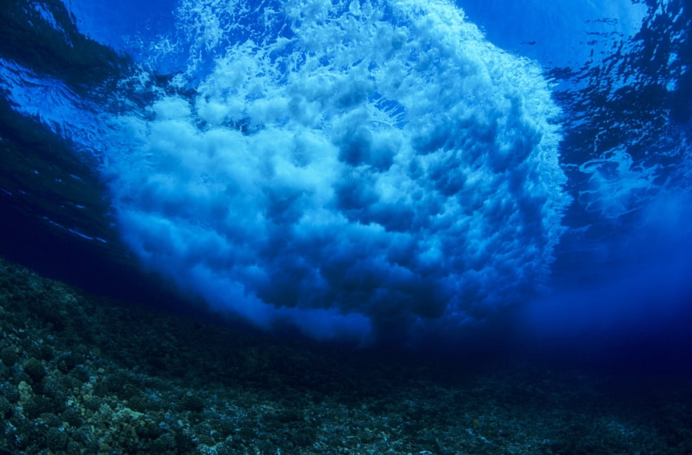 Hawaii Underwater View Of Wave Breaking Over Shallow Coral Reef Circular Shape Canvas Art - Dave Fleetham Design Pics (36 x 22)