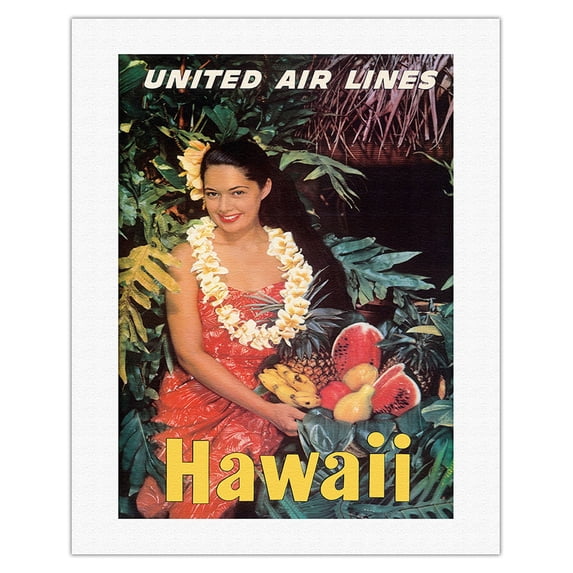 Hawaii - United Air Lines - Native Girl with Tropical Fruits - Vintage Hawaiian Travel Poster c.1960s - Fine Art Rolled Canvas Print (Unframed) 20in x 26in