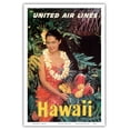 thumbnail image 1 of Hawaii - United Air Lines - Native Girl with Tropical Fruits - Vintage Hawaiian Travel Poster c.1960s - Master Art Print (Unframed) 12in x 18in, 1 of 4
