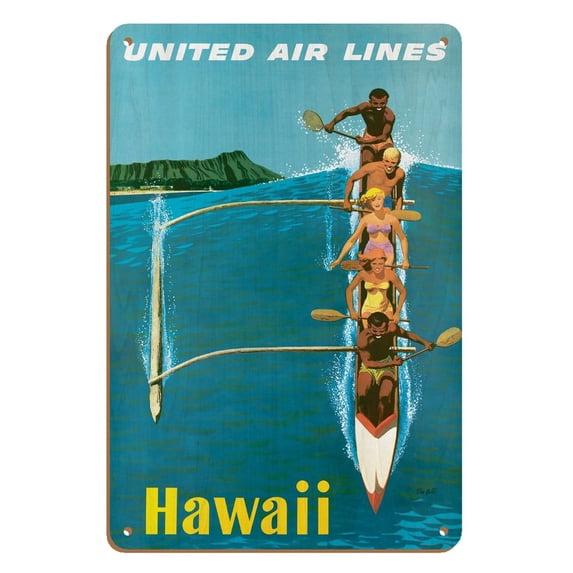 Hawaii - United Air Lines - Outrigger Canoe Surfing - Vintage Airline Travel Poster by Stan Galli c.1960 - 8 x 12 inch Vintage Wood Art Sign