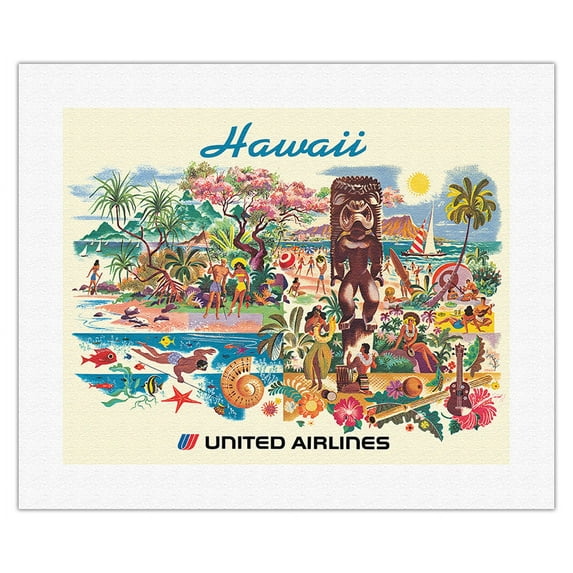 Hawaii - United Airlines - Vintage Airline Travel Poster by Joseph Fehér c.1956 - Fine Art Rolled Canvas Print 16in x 20in